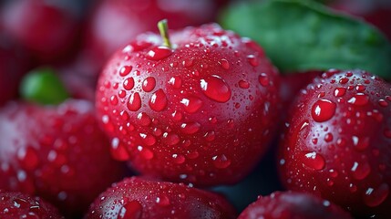 Fresh red apples glistening with water droplets, a vibrant close-up of nature's crisp sweetness
