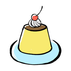 筆タッチのさくらんぼののったプリンのイラスト