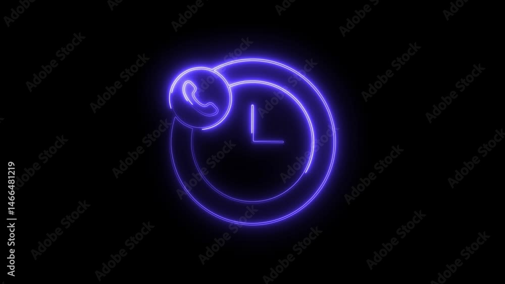 Poster neon clock with phone call icon animation on a dark background