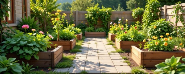 urban garden scene with raised planter beds, 3d illustration, soft background, natural daylight, clean and simple aesthetic