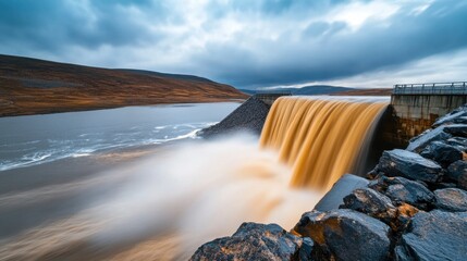 Wide-angle view of brown waterfall flowing over aged dam under cloudy sky