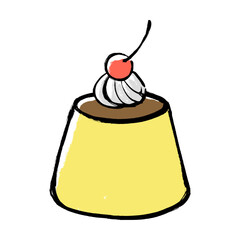 筆タッチのさくらんぼののったプリンのイラスト
