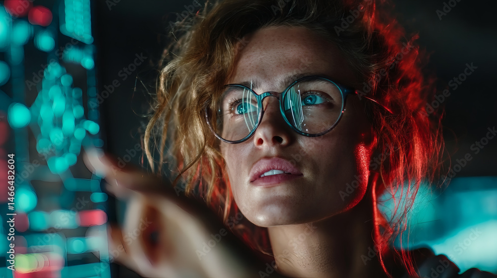 Poster female engineer analyzing data in neonlit lab futuristic environment high-tech atmosphere