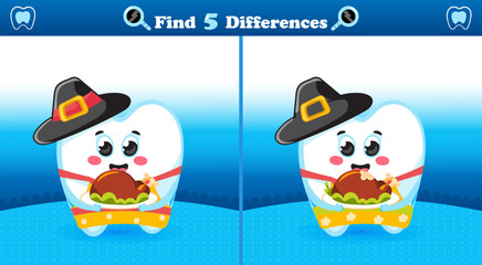 Find the Differences Game with Cute Tooth and Thanksgiving Day