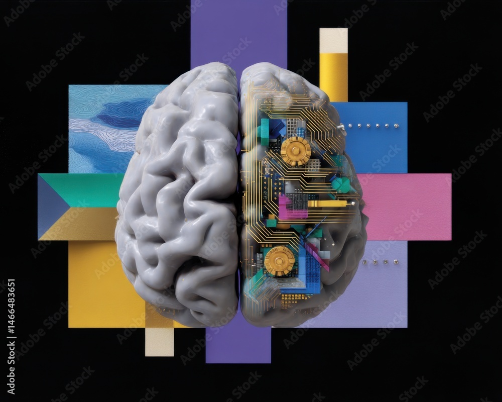 Poster a vibrant pop art layout depicting an artificial neural system within a brain, showcasing a 1-giixel