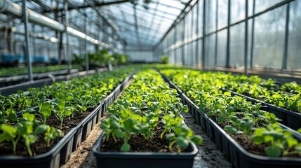 Rows of seedlings in black trays inside a greenhouse with a translucent roof and metal support beams