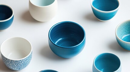 Flat lay of minimalist blue and white pottery arranged neatly around edges of white surface