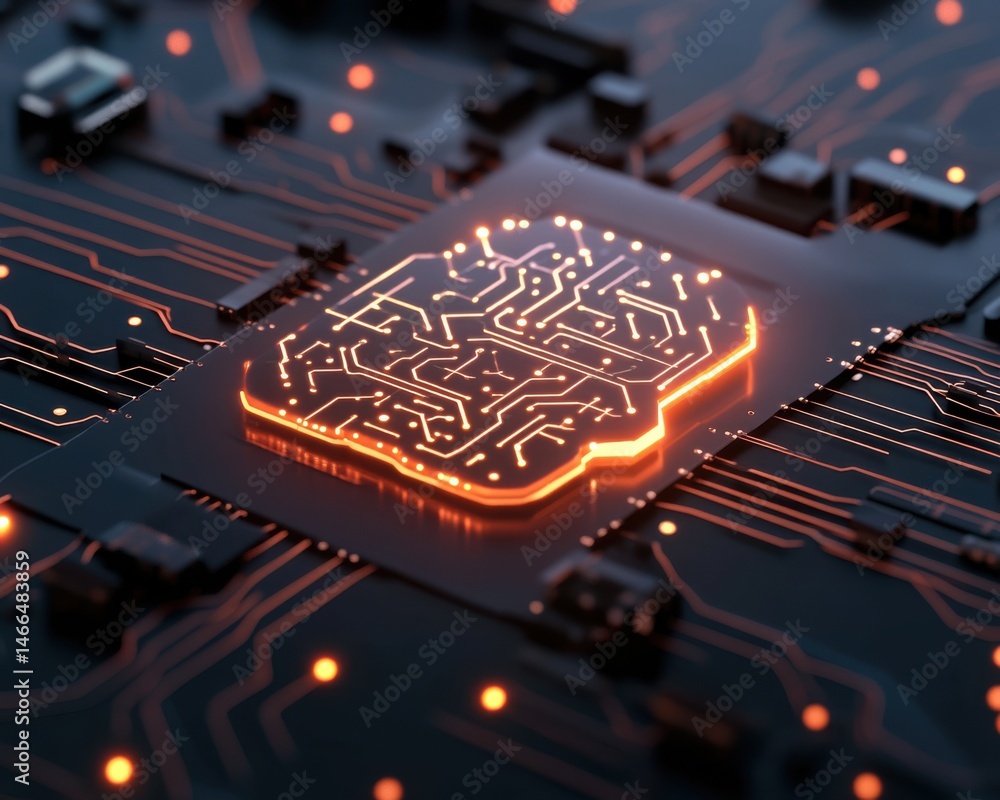 Poster futuristic artificial neural system layout displays a glowing brain-shaped circuit design, rendered 