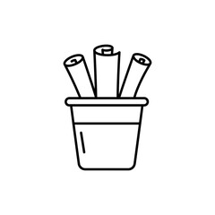 Bucket with rolled-up papers sticking out icon, storage container symbol, creative workspace element, office supplies vector, artistic organization graphic, document holder design, stock illustration