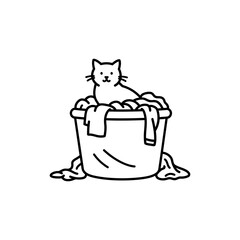 Cat Sitting in Laundry Basket Among Clothes – Feline Cuteness and Comfort