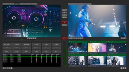 Music Festival Broadcast Software Interface Featuring Pop Singers, Artists, Dancers, Rappers, DJs - Performing on Stage. Technical Director or Engineer Software UX Template for Media Professionals - Powered by Adobe