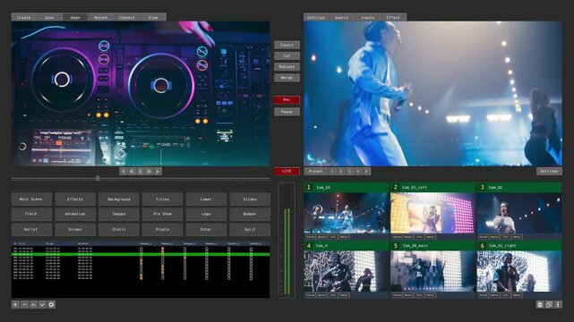 Music Festival Broadcast Software Interface Featuring Pop Singers, Artists, Dancers, Rappers, DJs - Performing on Stage. Technical Director or Engineer Software UX Template for Media Professionals