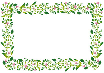 水彩風　ピンクの小花と葉っぱ　フレーム2