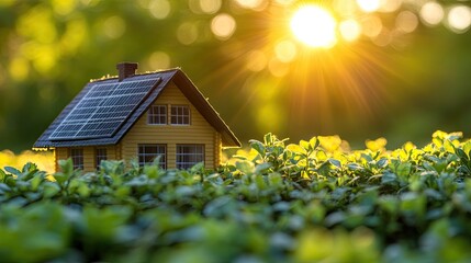 A miniature house with solar panels on the roof surrounded by green foliage under a bright sun light