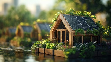 A miniature wooden house with solar panels on the roof surrounded by plants and water in a garden