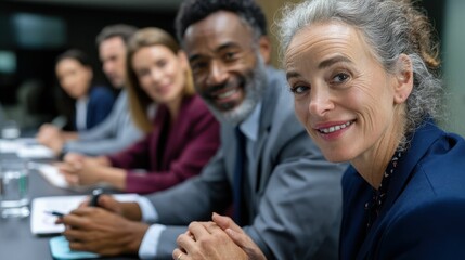 Obraz premium Diverse Group of Business Professionals Engaging in Discussion with Smiling Faces at a Conference Table
