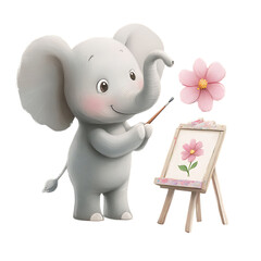A Cartoon Elephant Painting a Flower in Soft Grays Isolated on Transparent Background