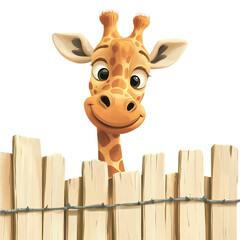 Cartoon Giraffe Peeking Over Wooden Fence Isolated on Transparent Background