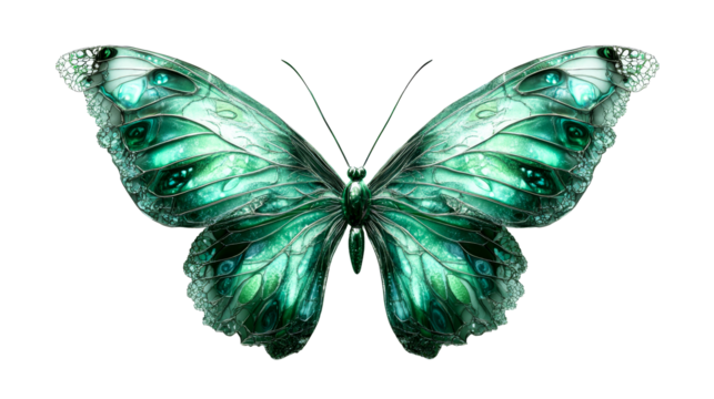 Shiny teal butterfly with iridescent wing pattern, cut out transparent