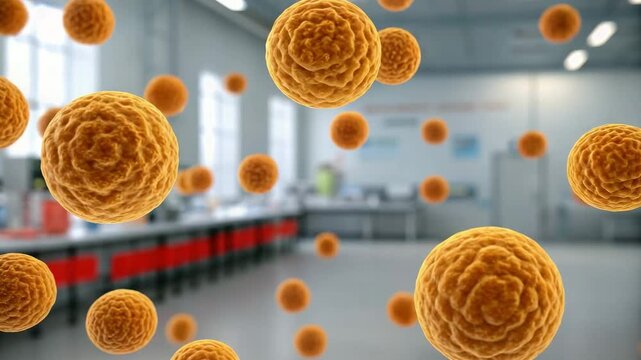 Anthrax Concept,Floating orange spores laboratory setting reveal microscopic particles, showcasing fascinating science
