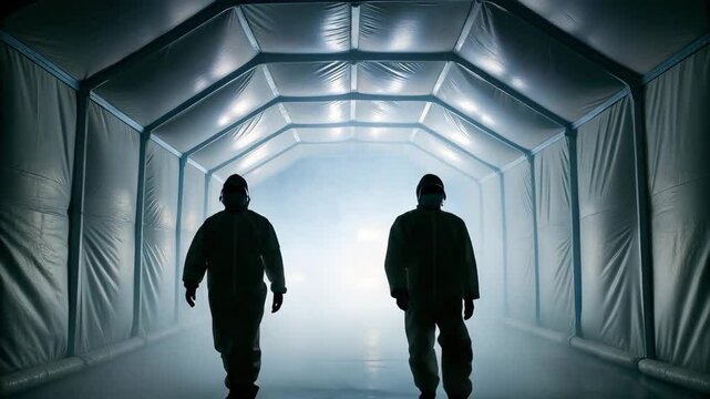 Anthrax Concept,Decontamination tent with people walking through, showcasing interior slow motion, creating urgency and caution.