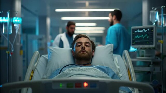 Anthrax Concept,Patient hospital bed receiving medical care, surrounded by equipment, showing distress focused emergency room.