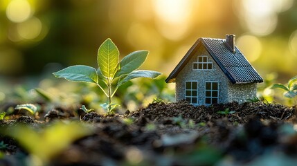 A miniature house next to a young plant growing in the soil under a blurred background of greenery