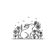 Rabbit Sniffing Flowers in a Garden Representing Nature and Peace