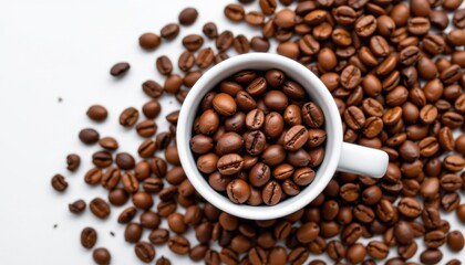 Obraz premium Brewing your perfect cup coffee beans in a white mug kitchen close-up warm aroma
