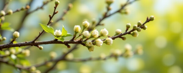 spring buds, tree branches close up, 3d illustration, soft background, natural daylight, clean and simple aesthetic, fresh green