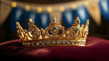 Shiny homecoming crown resting on a velvet cushion with school banners in the background, royalty theme