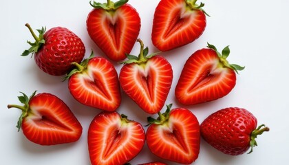 Heart-shaped strawberry arrangement kitchen table food photography bright lighting top view healthy snack concept