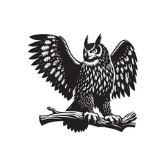 Majestic Eurasian Eagle Owl Bird Vector Silhouette – Powerful Predator, Nocturnal Hunter, and Symbol of Wisdom in Striking Minimalist Art - Eurasian Eagle Owl Bird Illustration.