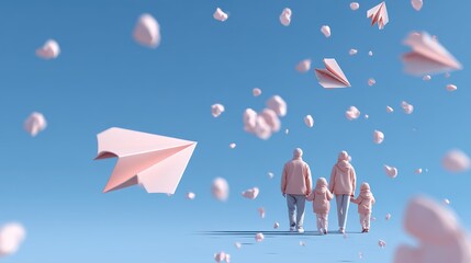 Fototapeta premium A family walks together under a sky filled with floating paper airplanes and soft clouds, symbolizing dreams and togetherness.