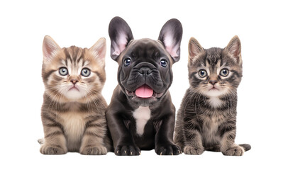 Cute French bulldog and cats sitting together, looking up, isolated on a transparent background
