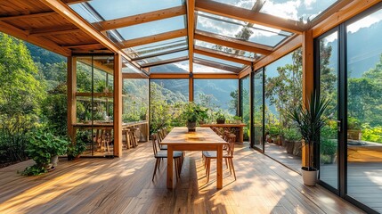 Sunlit dining area with wooden table and chairs in glass enclosed space overlooking lush greenery