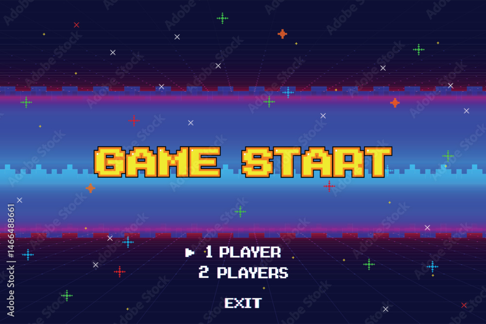 Aufkleber game start. pixel art .8 bit game. retro game. for game assets in vector illustrations. arcade gamin