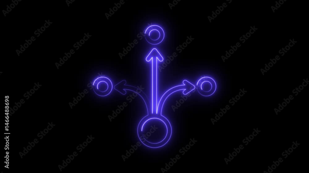 Poster neon arrows diverging choices path decisions direction alternatives on black background