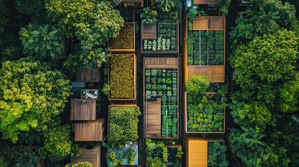Aerial view of lush rooftop gardens featuring diverse vegetation and wooden structures in daylight
