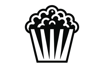 Black and white popcorn in a striped bucket is viewed from the front