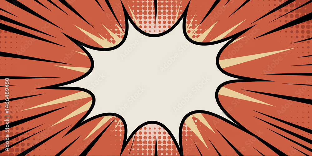 Poster red and beige comic book style explosion background with central blank space, ideal for text or logo