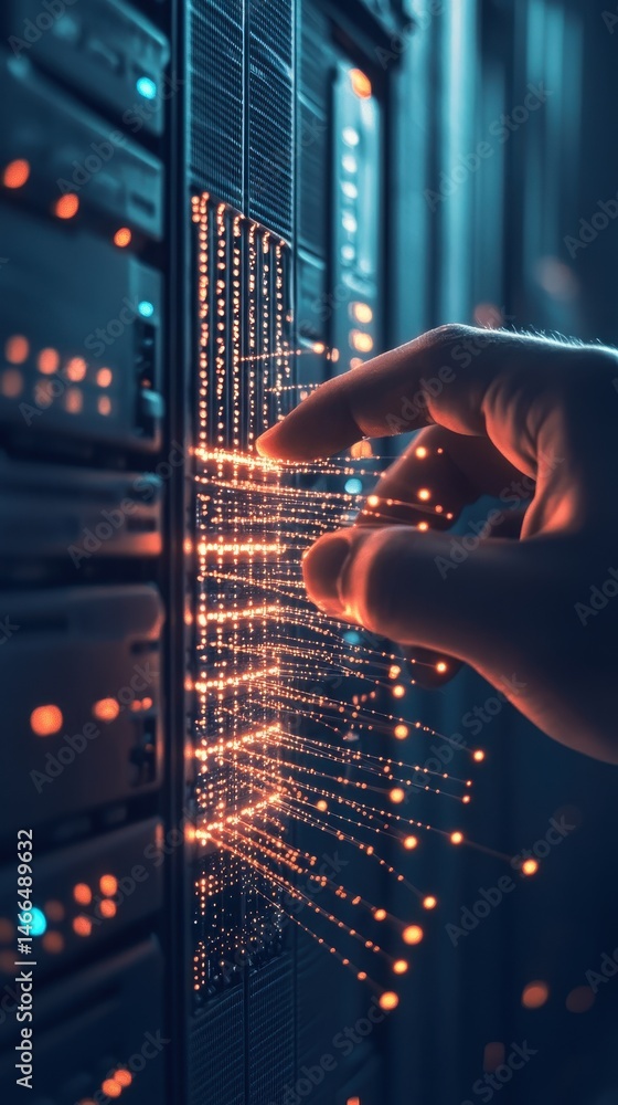 Poster hand touches connected bright data points on server. neural network abstract concept. futuristic mac