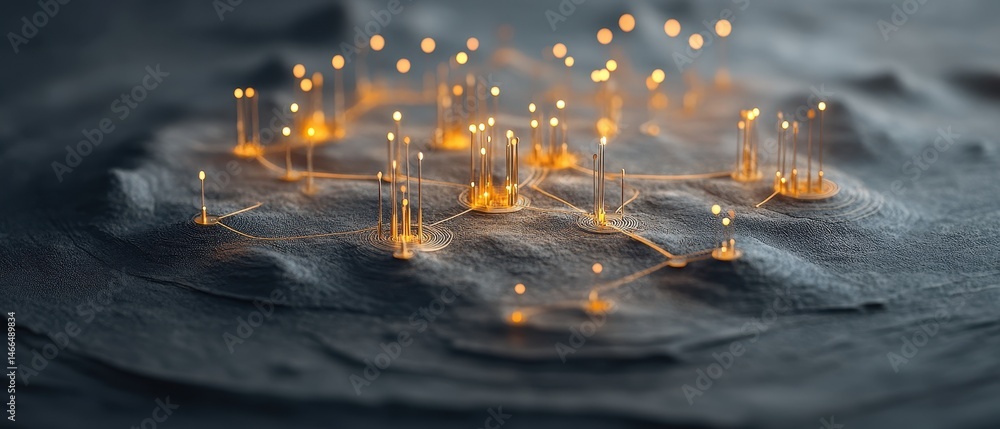 Poster glowing points connect above textured surface. neural networks abstract. artificial intelligence sys
