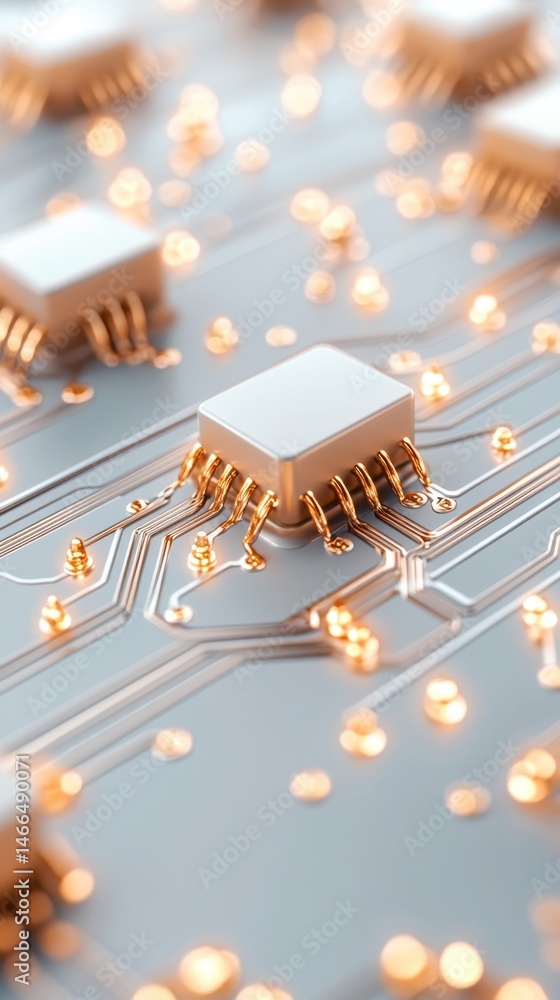 Poster shiny integrated circuits on a gray surface, illustrating neural networks with connected golden pins