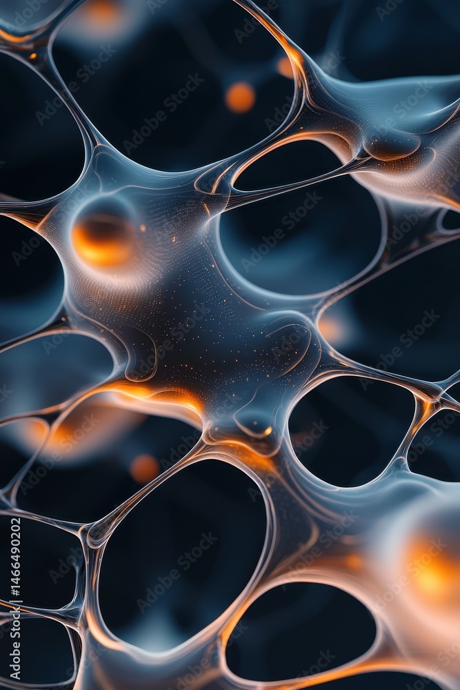 Poster abstract neural networks concept. interconnected nodes glow within complex mesh on dark backdrop. in