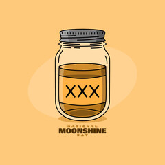 National Moonshine Day to celebrate on first Thursday in June. A jar containing alcohol on beige background. Drink event banner.