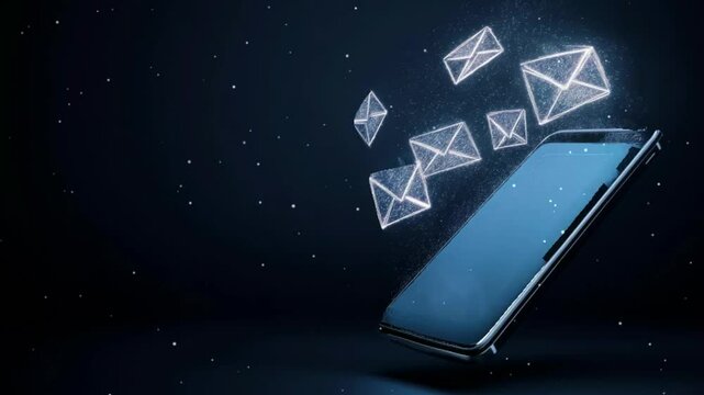 3D message symbols flowing out of a silver mobile phone in dark blue background representation a message sending 