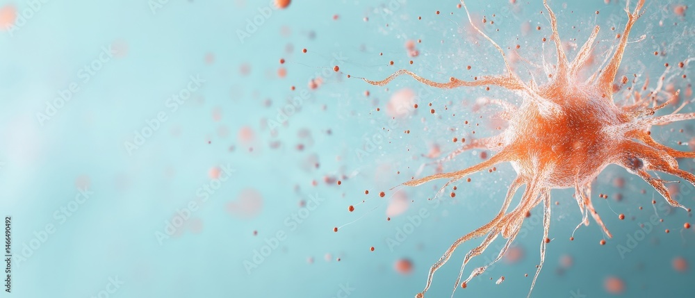 Poster complex neural network structure with connections against a blue backdrop, showing orange tones and 