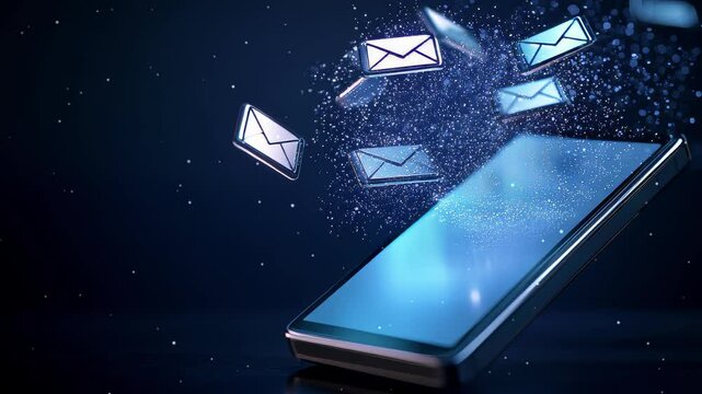 3D message symbols flowing out of a silver mobile phone in dark blue background representation a message sending 