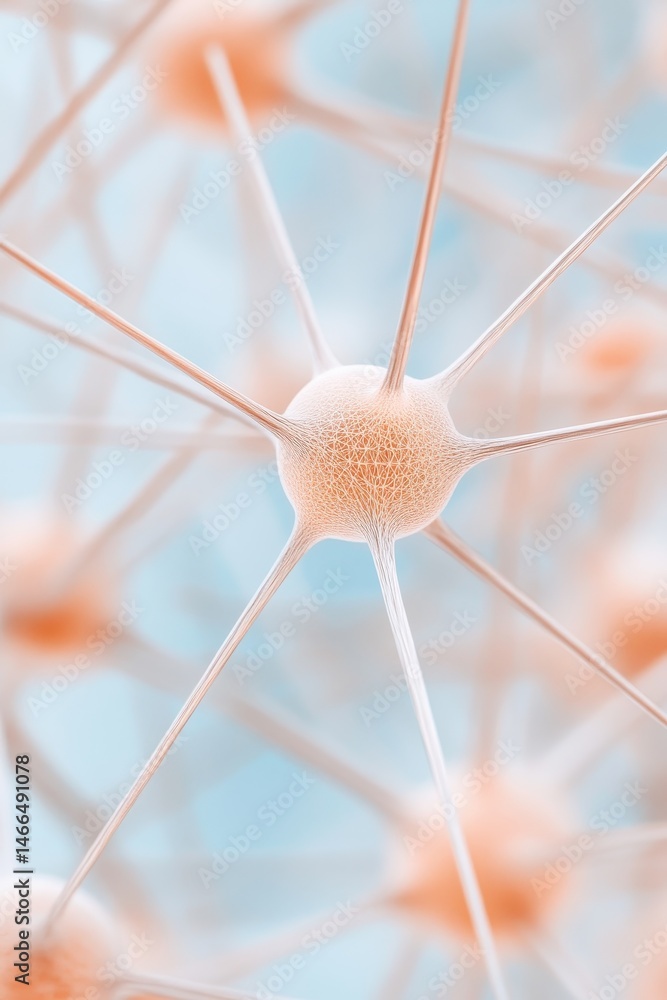 Poster abstract neural network connection. interlinked nodes with filament connections on blue background. 